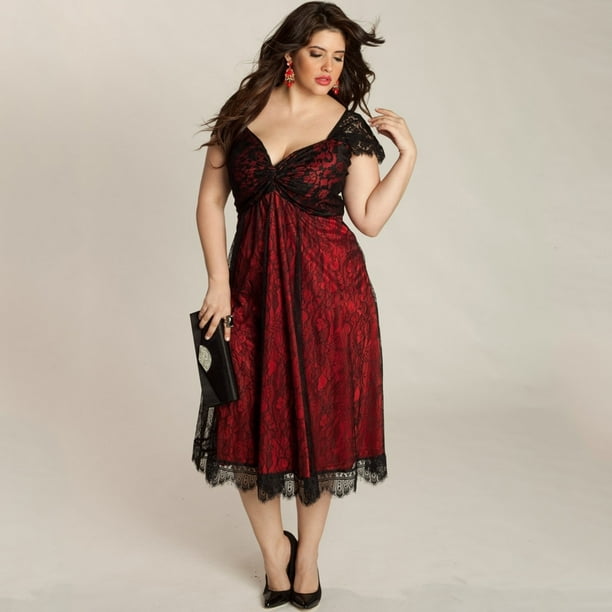 Vestido de Tallas Grandes para Mujer Vestido de Fiesta de Noche de Encaje Floral de Novia con Cuello Abanopi borgoña/XXXXL