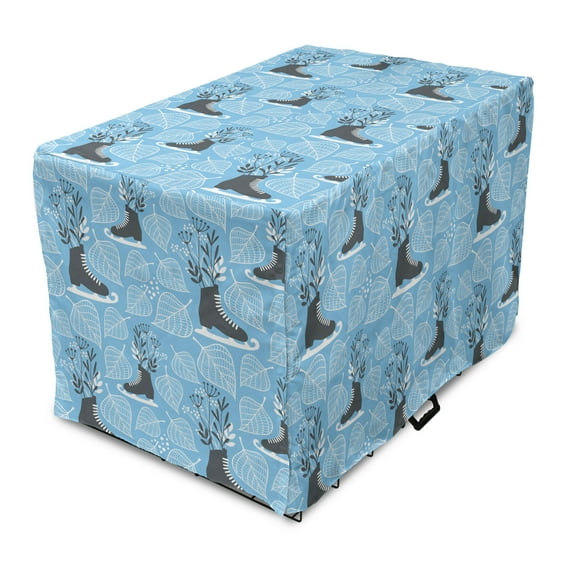 Winter Dog Crate Cover, Ice Skate Floral Winter Holiday Skating Leaves Illustration, Easy to Use Pet Kennel Cover Small Dogs Puppies Kittens, 7 Sizes, Grey Deep Sky Blue, by Ambesonne