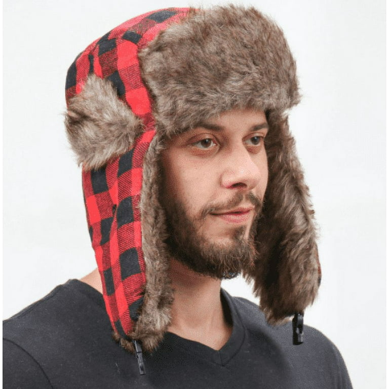 Buffalo Plaid Aviator Fur Trapper Hat Eskimo Russian Bomber Hat With Ear  Flaps For Women Men-Black Red