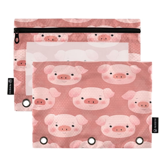 2 Pack 3 Ring Binder Pouch with Clear PVC Window Water Resistant Zipper Pencil Pouch Gentle Piggy Smiles Binder Pocket for Classroom Office Home Stationery Organization