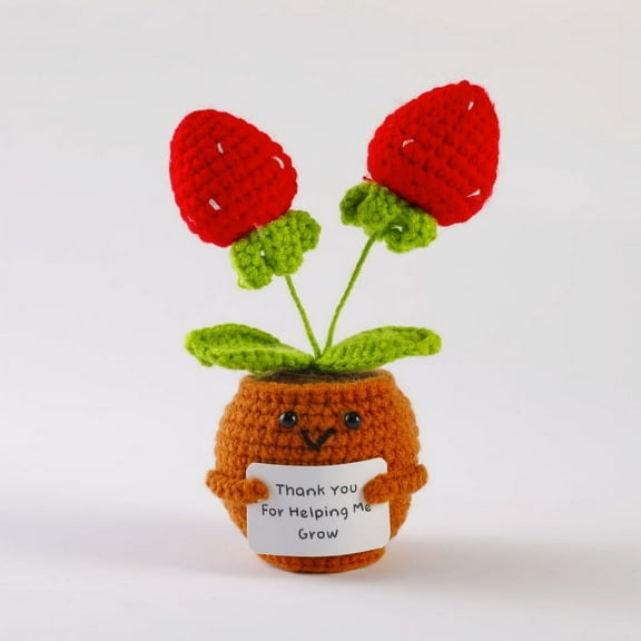 Handmade Emotional Support Strawberry Potted Plants, Positive Crochet Doll with Card, Inspirational Small Handmade Knitted, Funny Gifts for Women Men Birthday Friends Coworkers, Office Decor