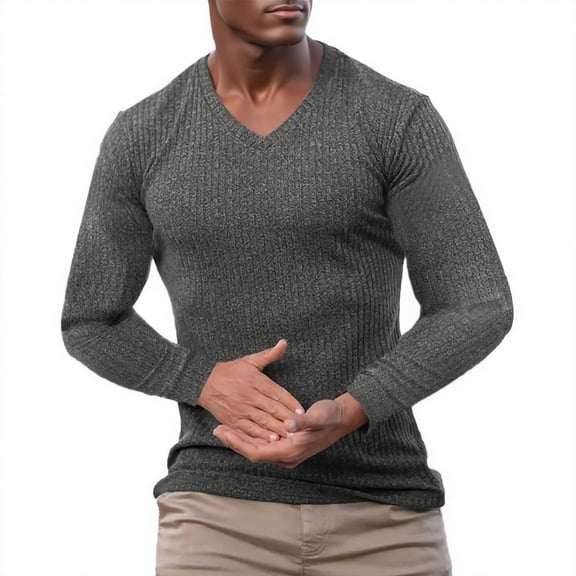 LpwkSSA Men's V-neck Knitted Sweater Casual Long Sleeved Top Stretchy Slim Fit High Elasticity Warm Comfortable Sportswear Ideal for Fitness Exercise Outdoor Activities Gray L