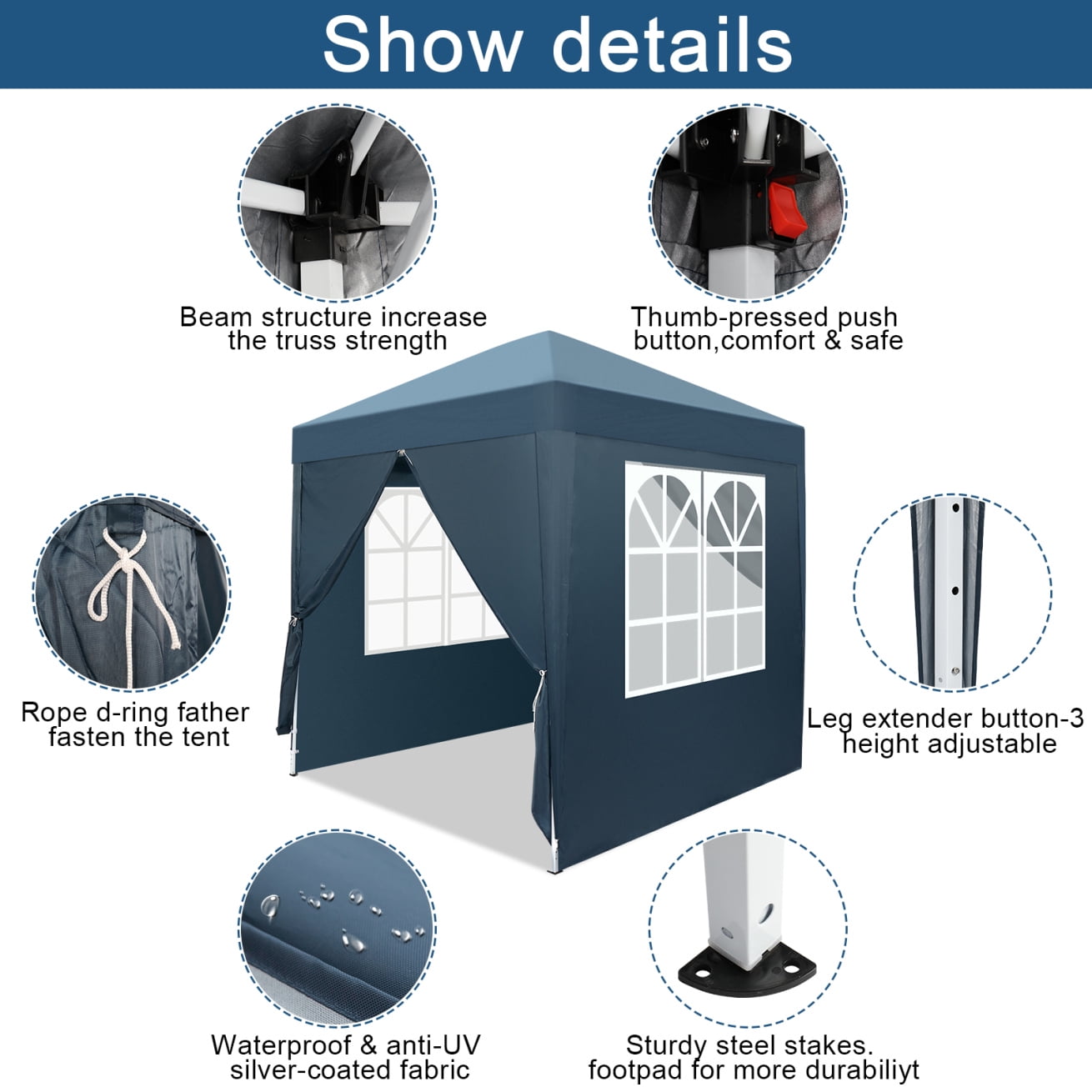 78.74" Outdoor Canopy With Two Doors and Two Windows, Practical Waterproof Right-Angle Folding Tent With Removable Tent's Wall Cover and Height Adjustable Design, Folding Shelter, Blue