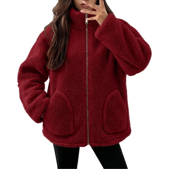 Enjoytime Fleece Jacket Women Stand Collar Long Sleeve Zip Up Fuzzy Outerwear Casual Soft Warm Fall Winter Coat with Pocket