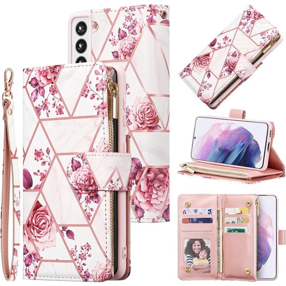 Wallet Case for Samsung Galaxy S21 Plus, Premium Vintage PU Leather Magnetic Closure Handbag Zipper Pocket Case Kickstand Card Holder Slots with Wrist Strap Shockproof Flip Case - Pink Flower