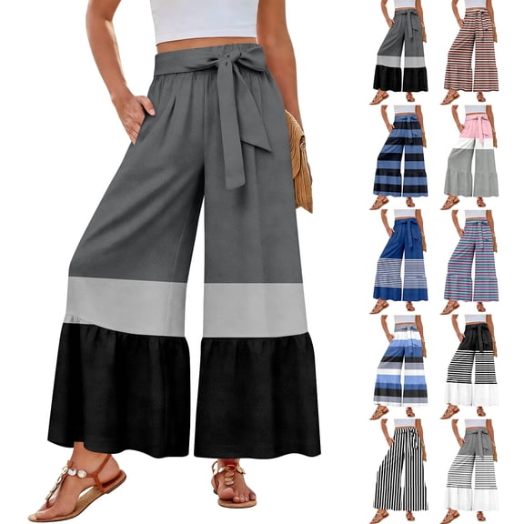 Women's Bohemian Print Wide Leg Pants High Waisted Ties Ruffle Hem Flowy Beach Palazzo Trousers Pink XL