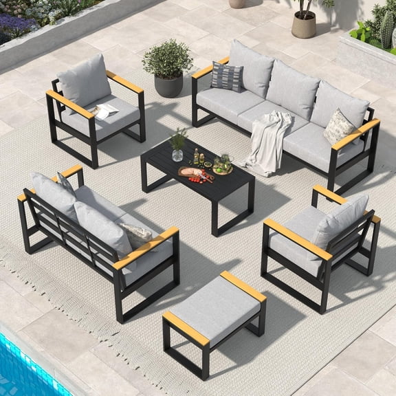 7-Piece Outdoor Patio Furniture Set, Modular Aluminum Sectional Sofa with Coffee Table, All-Weather Conversation Set with Thick Cushions for Backyard, Garden, Poolside