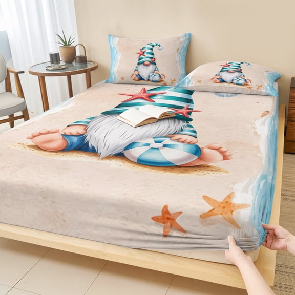 Full Size Fitted Sheet Set - Coastal Beach 3 Piece Bedding Sets 16" Deep Pocket Fitted Sheet with 2 Pillowcases Blue Gnomes Summer Ocean Sea Wave Starfish Beige Brushed Microfiber Hotel Bed Sheets