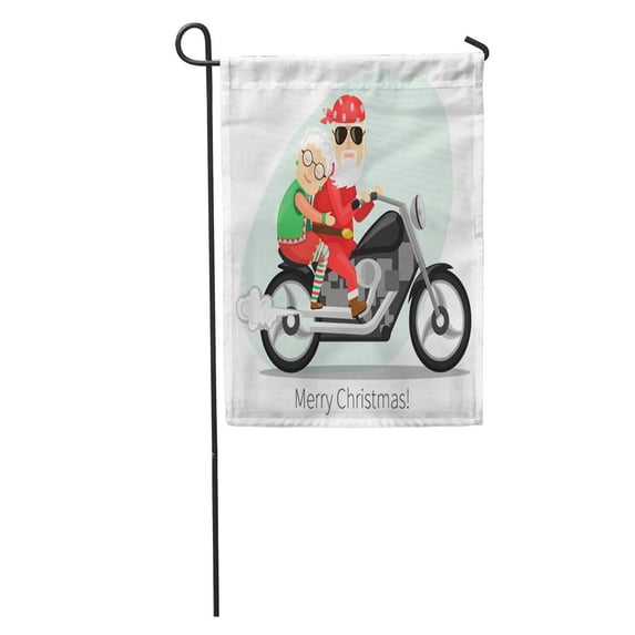 SIDONKU Biker Santa Claus and Mrs Riding on Steep Motorcycle Christmas Garden Flag Decorative Flag House Banner 28x40 inch