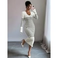 thumbnail image 3 of Women'S Striped V Neck Sweater Dress Long Sleeve Bodycon Midi Dresses  M, 3 of 5
