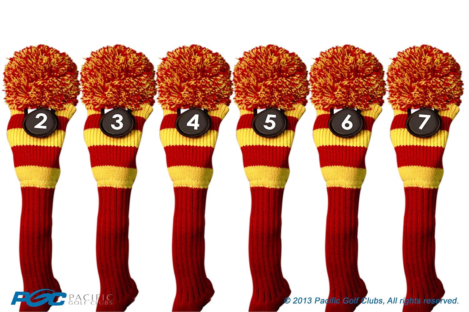 Majek #2, 3, 4, 5, 6, 7 Hybrid Combo Pack Rescue Utility Red & Yellow Golf Headcover Knit Pom Pom Retro Classic Vintage Head Cover