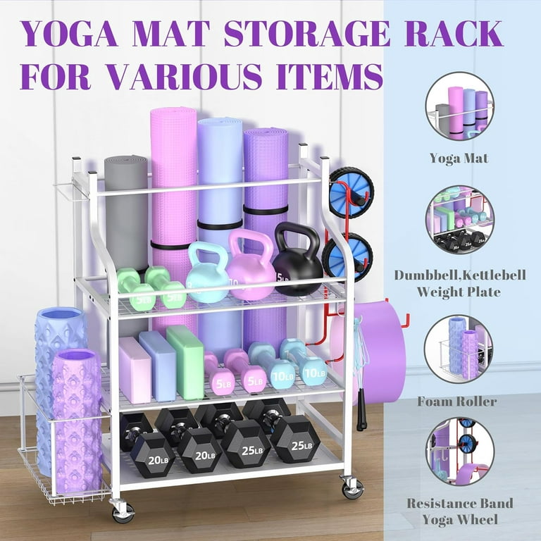 Mythinglogic Yoga Mat Storage Racks,Home Gym Storage Rack for Dumbbells  Kettlebells Foam Roller, Yoga Strap and Resistance Bands, Workout Equipment Storage  Organizer With Hooks and Wheels 