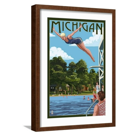 Art.com Michigan - Woman Diving and Lake Art Print by Lantern Press, Brown Frame Wall Art, 17" x 23"