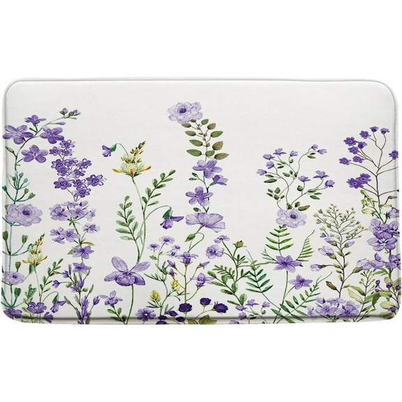 Floral Plant Bath Mat Purple Flower Boho Wildflower Watercolor Sage Green Leaf Botanical Herbs Nature Bathroom Kitchen Rugs,17.8x29.5 Inch