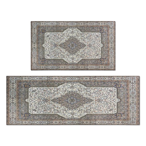 Farmhouse Brown Boho Rugs and Mats Non Skid Washable Absorbent Microfiber Soft Kitchen Mat for Floor Set Of 2 Decor Stain Resistant 17"x47" 17"x30"