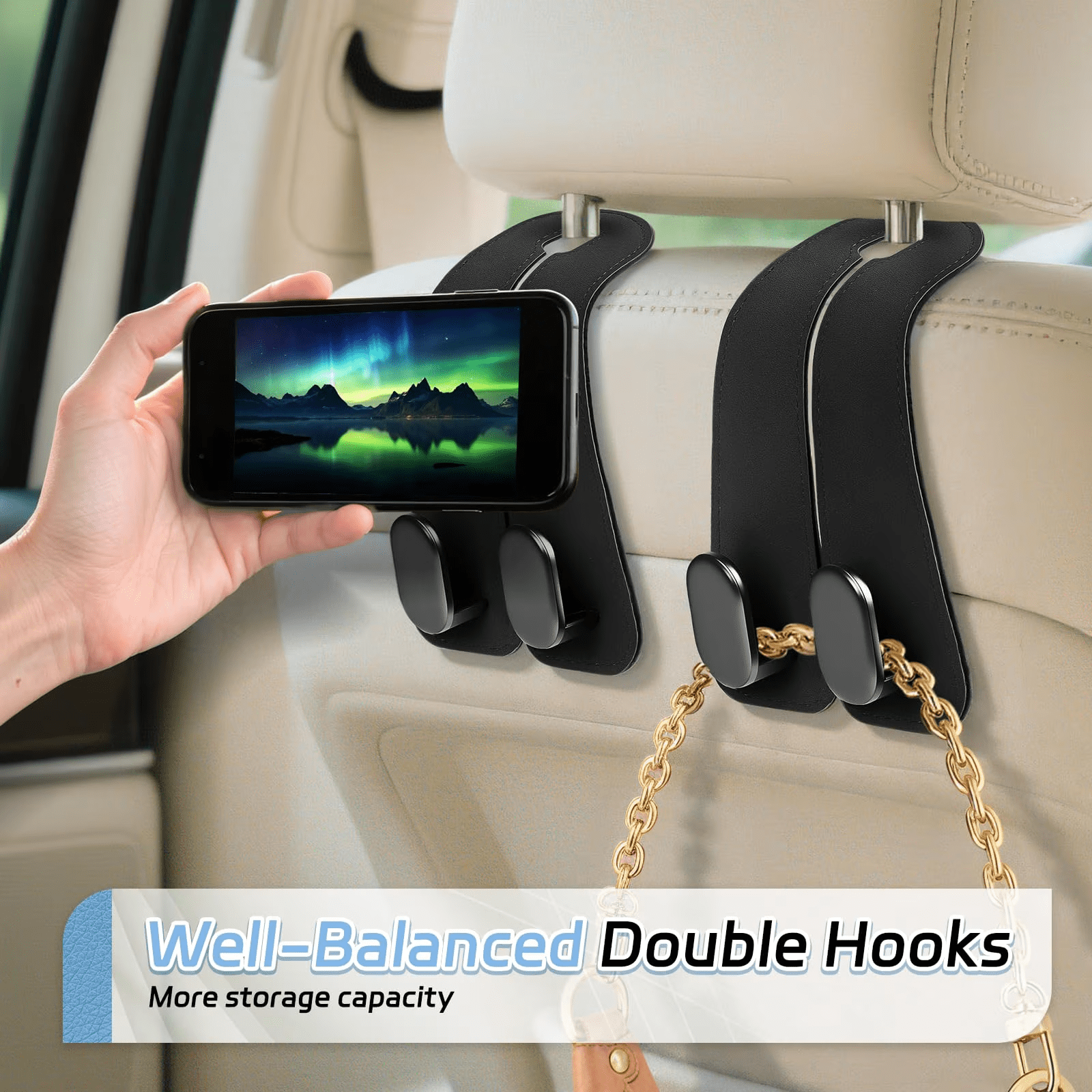 AUTO DRIVE 2-Piece VEGAN LEATHER HEADREST HOOKS,UNIVERSAL FIT