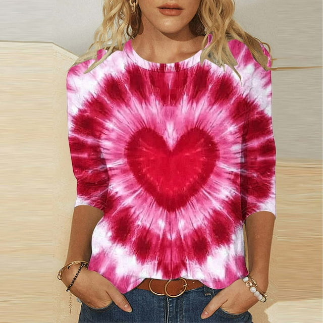 Ounisa T-Shirts de Saint-Valentin à Manches 3/4 Col Rond Imprimé Cœur pour Femmes