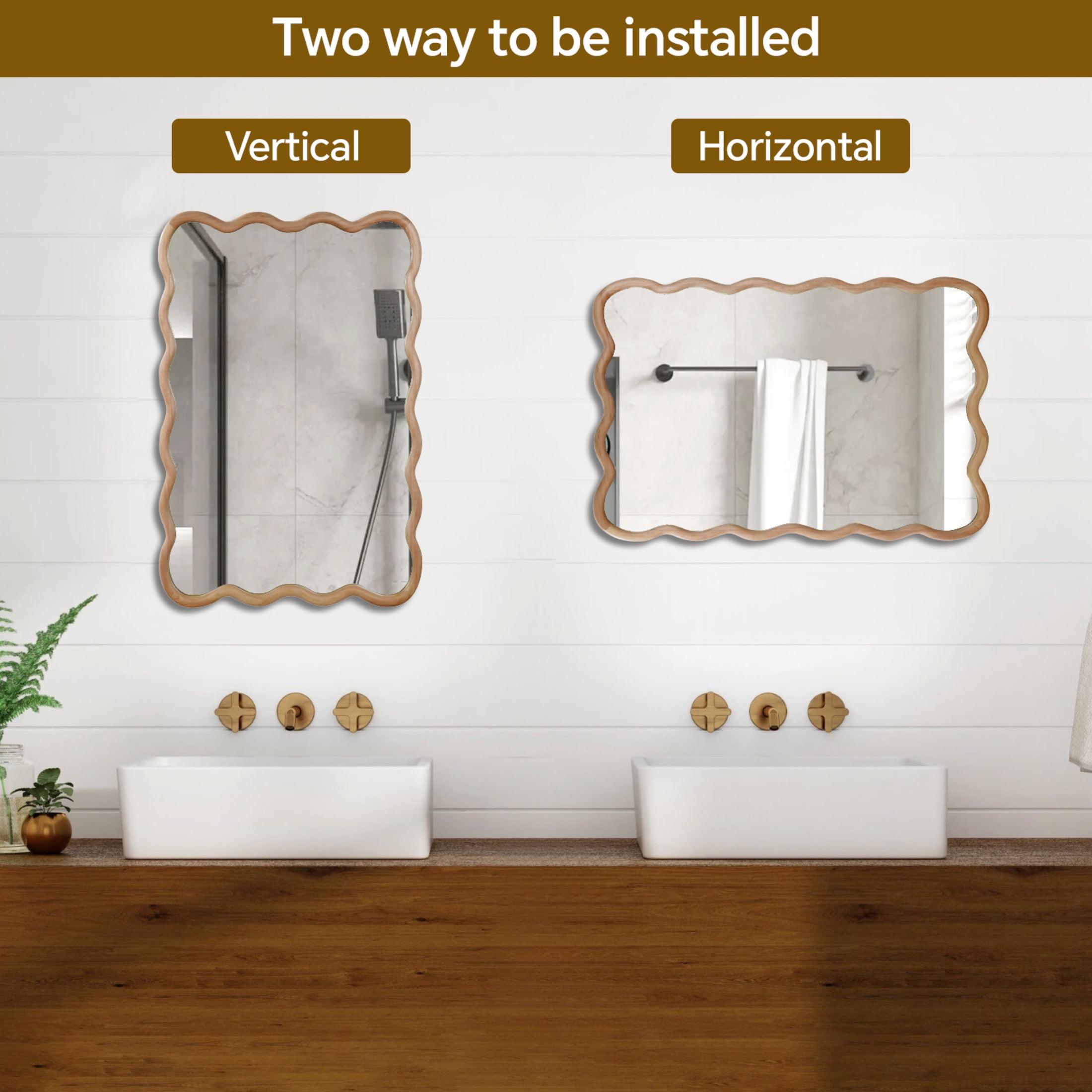 Noble House 20"x30" Wavy Rectangle Wall Mirror, Solid Wood Decorative Vanity Mirror, Natural