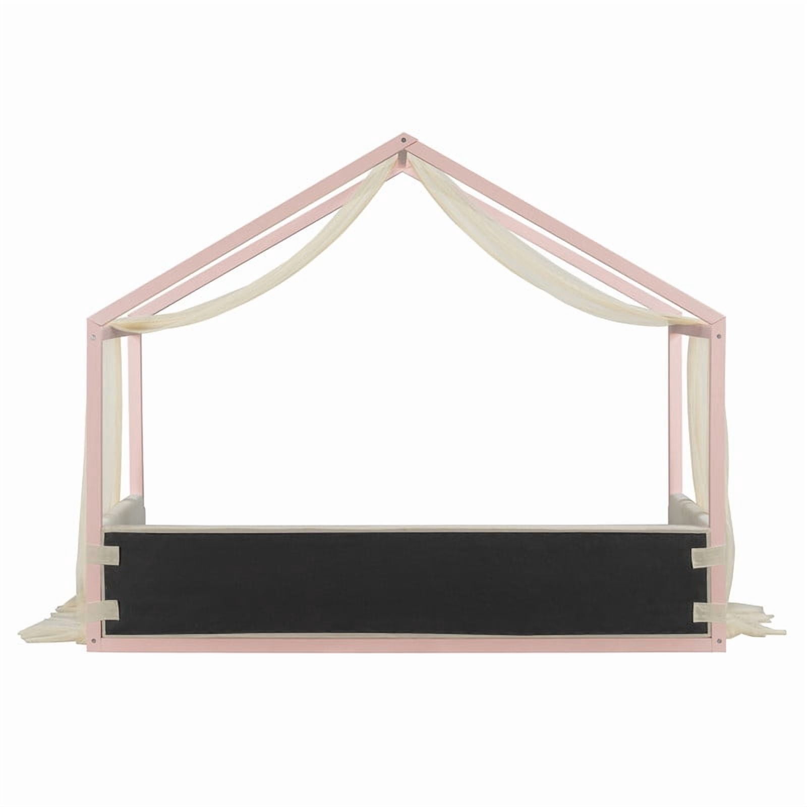 Twin Size Canopy Bed with Upholstered Velvet Side Panels and Breathable Gauze Canopy, Soft-Padded Platform Bed Floor Bed Kids Montessori Bed for Bedroom