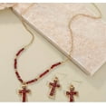 thumbnail image 4 of Pierced gold and red-purple fluorescent bead cross necklace and earring set, 4 of 4