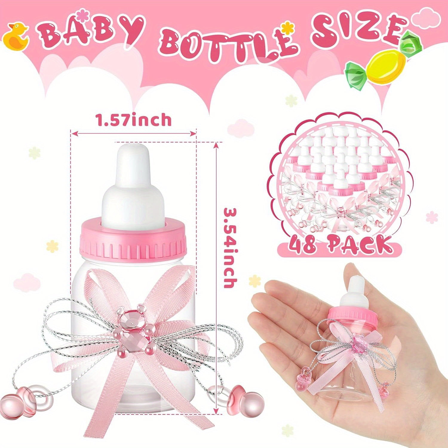 48pcs Mini Clear Milk Bottles 3.54×1.57in with Pink Ribbon, Cute Plastic Baby Shower Favors, Candy Containers for Girl Baby Shower Decorations, Gender Reveal Party Supplies