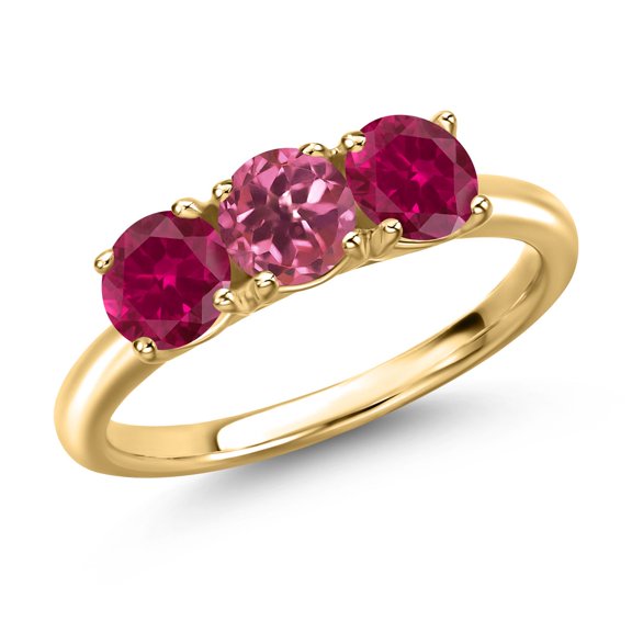 Gem Stone King 18K Yellow Gold Plated Silver Pink Tourmaline and Red Created Ruby Engagement Ring for Women | 1.72 Cttw | Round 5MM | Gemstone October Birthstone | Size 5