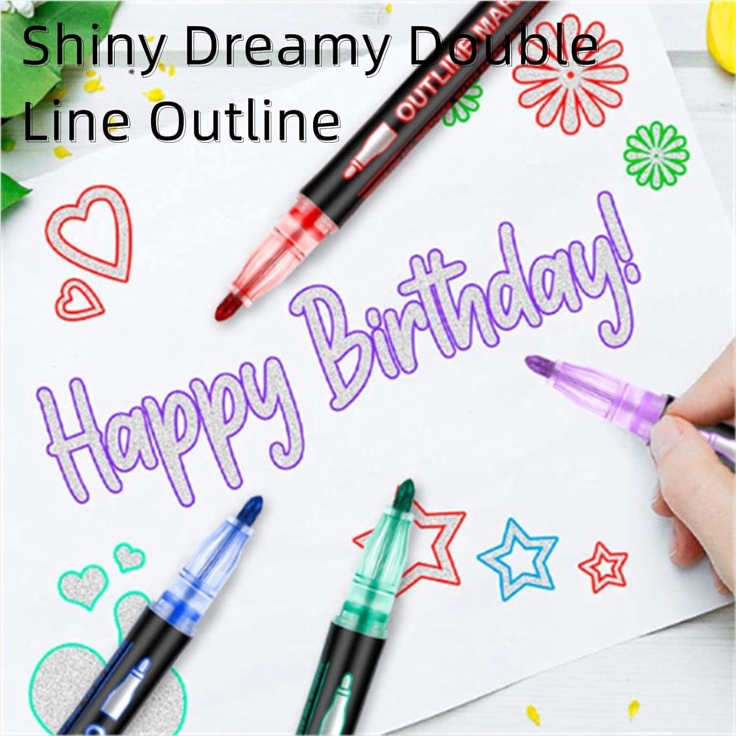 Dreamy Sparkle Dual-Line Contour Pen Set with Metallic Outline, Double Line Outline Art Pen, Quick-Dry Ink for Drawing, Coloring & DIY Crafts