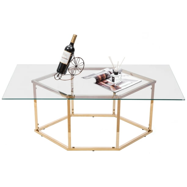 Hexagon Gold Stainless Steel Metal Base, Olympia 47 In Gold Large Rectangle Glass Coffee Table