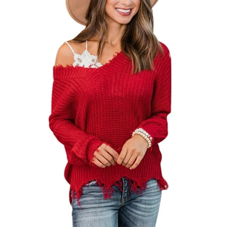 V Neck Ripped Pullover Sweater Tops For Women Autumn Long Sleeve Casual ...