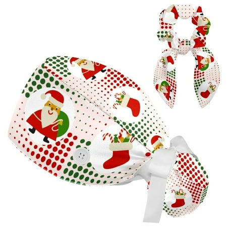 

Working Cap with Buttons and Sweatband Scrub Hat Bouffant Caps with Scrunchie Santa Claus Tie Back Hats