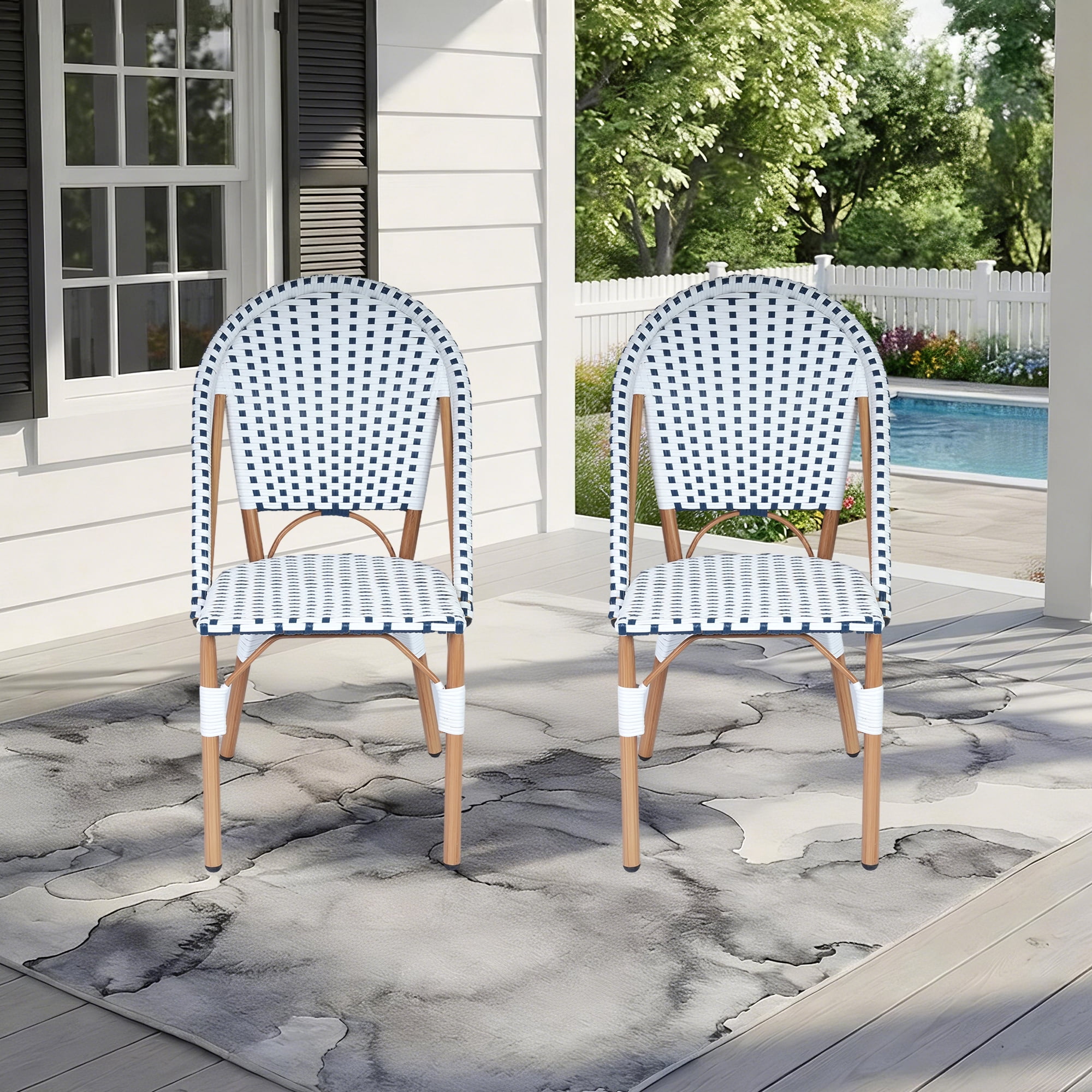 DELMANGO 2-Piece Wicker Outdoor French Bistro Chairs, Armless Patio Chairs, Stackable Dining Chairs with Metal Frame, White/Blue