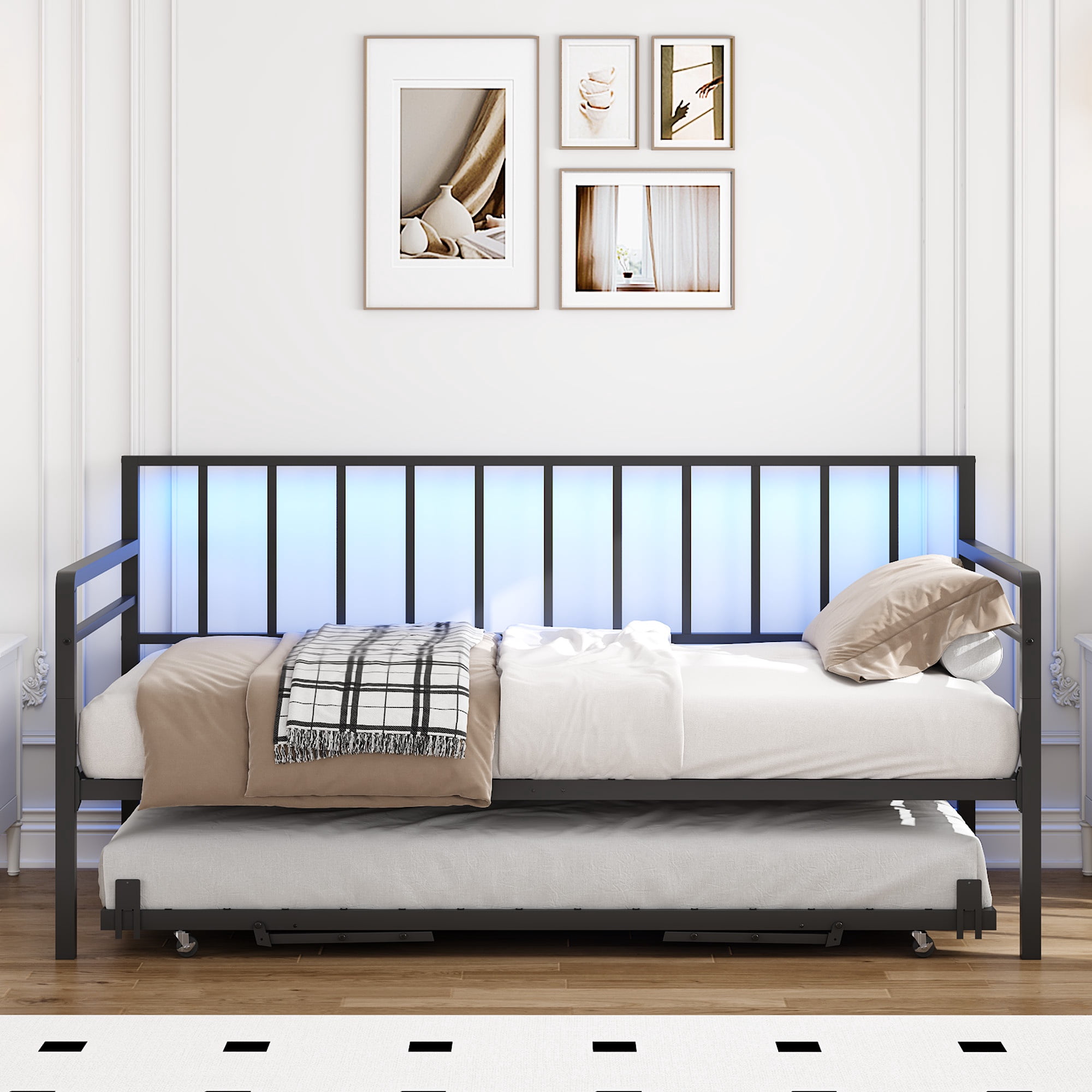 UHOMEPRO Twin Size Daybed with Trundle, Metal Daybed Frame with RGB LED Lights and Charging Station, Height Adjustable Twin Bed Frame No Box Spring Needed, for Bedroom Living Room Guest Room, Black