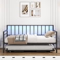 thumbnail image 3 of UHOMEPRO Twin Size Daybed with Trundle, Metal Daybed Frame with RGB LED Lights and Charging Station, Height Adjustable Twin Bed Frame No Box Spring Needed, for Bedroom Living Room Guest Room, Black, 3 of 12