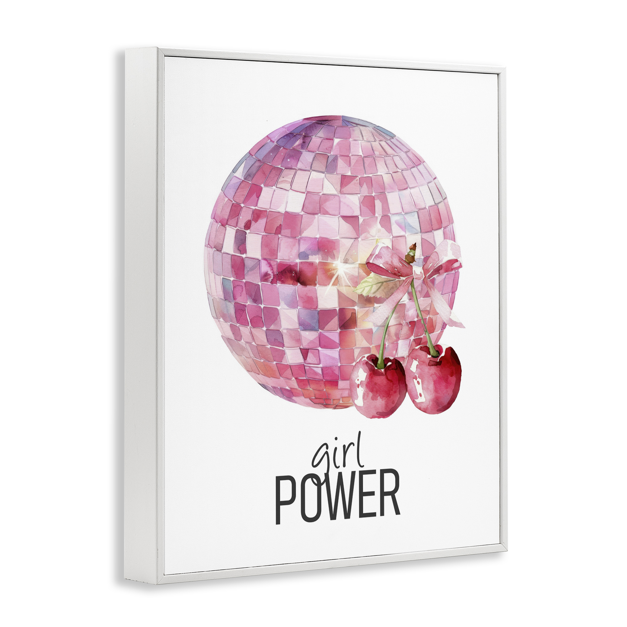 Girl Power Disco Cherries White Framed Giclee Art, design by Kim Allen