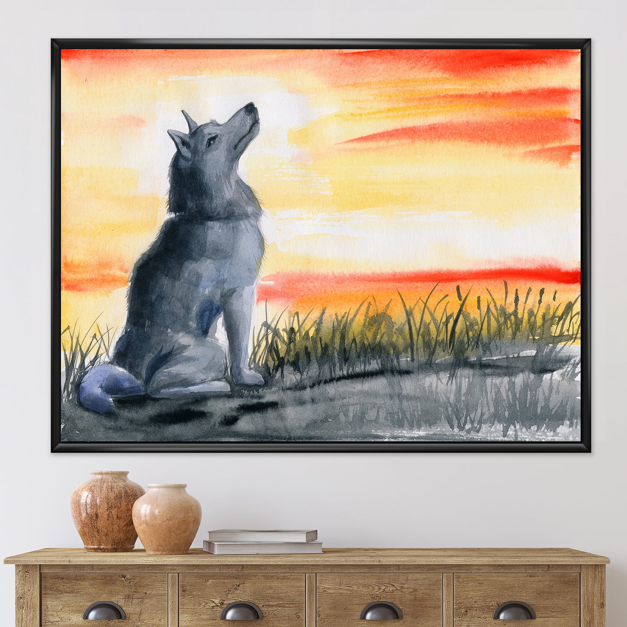 Designart 'Portrait Of Grey Wolf Howling At The Moon' Traditional Framed Canvas Wall Art Print