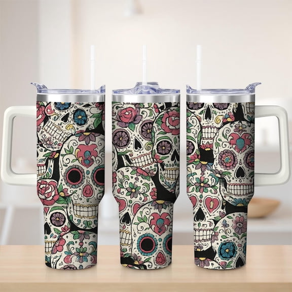 Day of the Dead Sugar Skull Stainless Steel Insulated Mug with Lid and Handle, 30oz