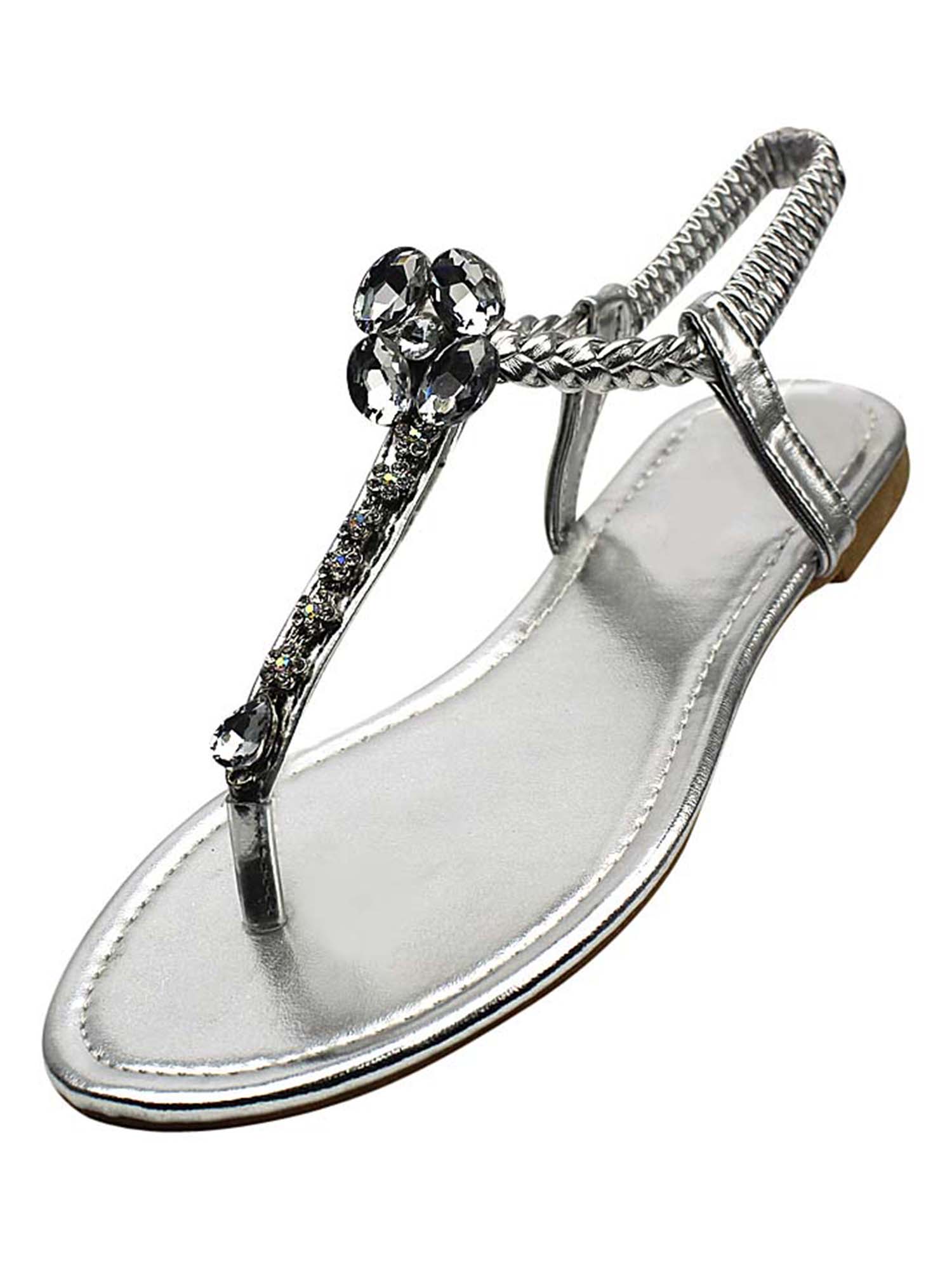 Silver Womens Flat Thong Sandals With Crystals Size 5.5