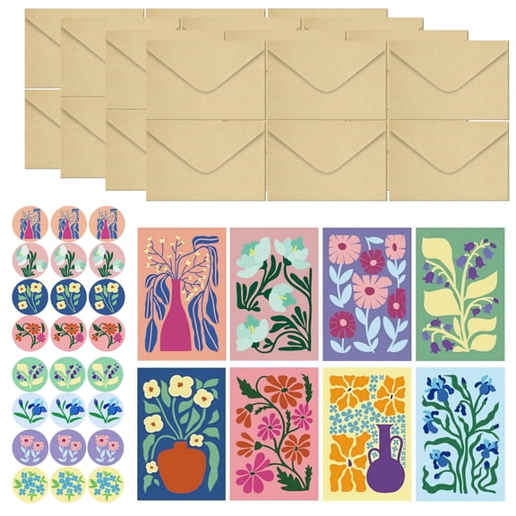 Floral Greeting Cards 24 Set: 8 Art Designs Blank Cards with Envelopes and Matching Stickers for Thank You Birthday Cards