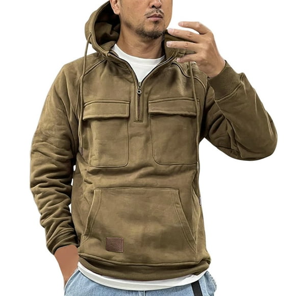 LUOGENLI Mens Hoodies Black and Blue Men's Autumn and Winter Hooded Youth Hoodie Men's Tooling Solid Color Casual Hoodie Coat Hoodies for Men Zip up Navy Blue Khaki Size L