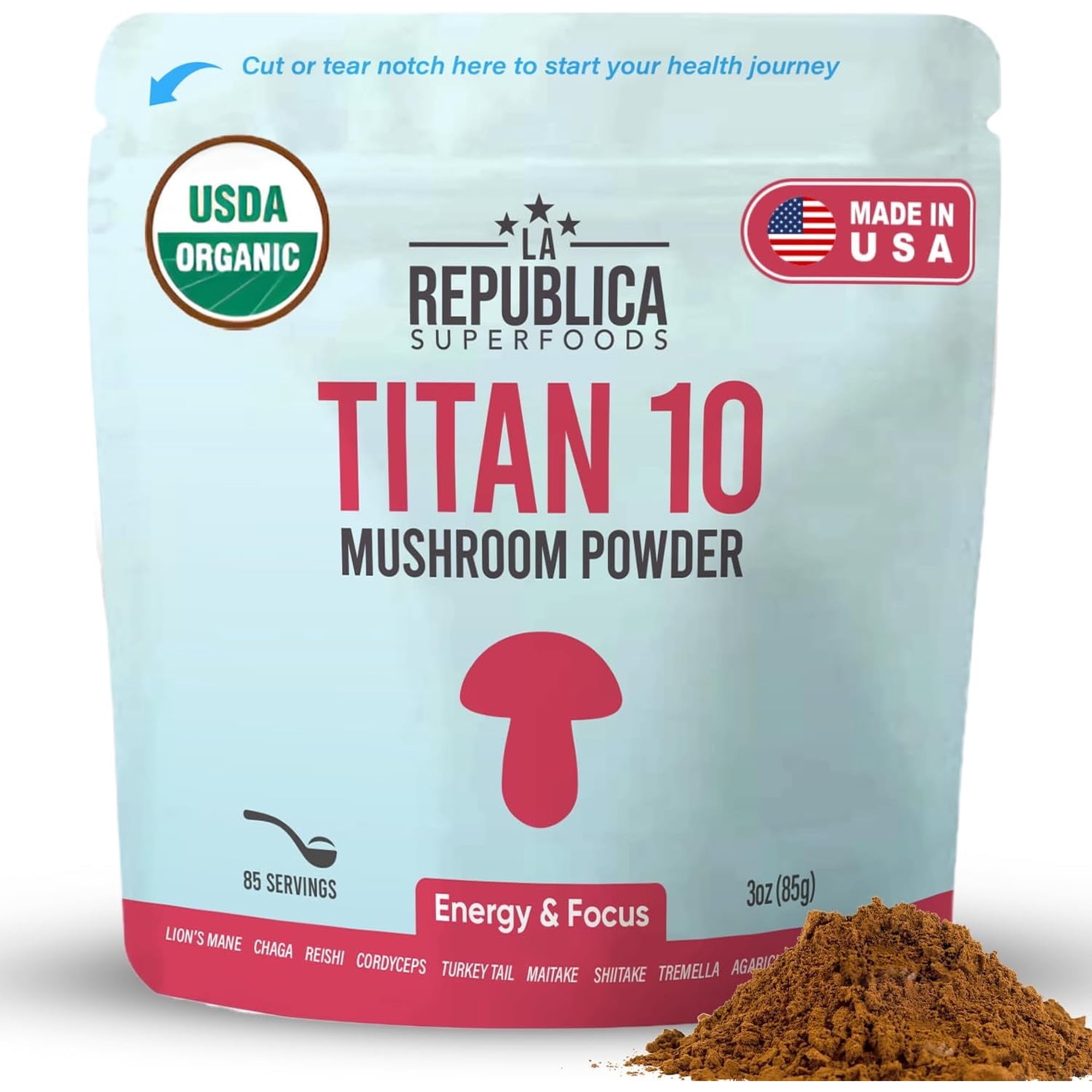 La Republica Titan 10 Mushroom Blend Powder – Organic Vegan Superfood for Focus, Energy & Immunity – 85 Servings – Non-GMO, USDA Organic