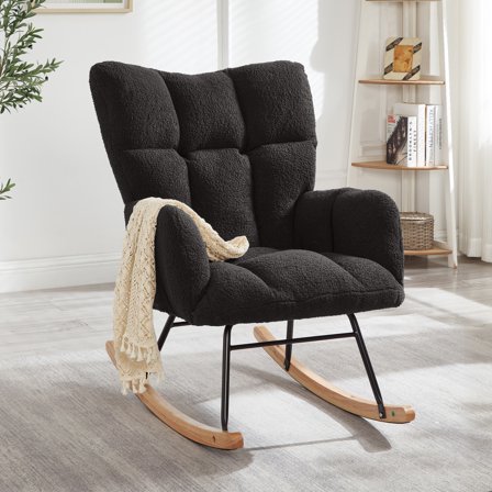 Glider Chair for Living Room, Tufted Upholstered Teddy Fabric Rocking Chair with Metal Frame, Accent Chair, Dark Gray