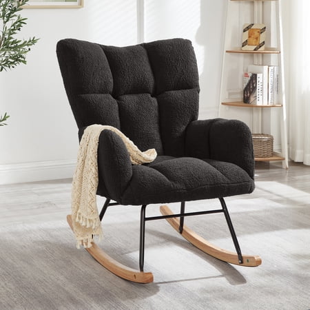 Glider Chair for Living Room Tufted Upholstered Teddy Fabric Rocking Chair with Metal Frame Accent Chair Dark Gray