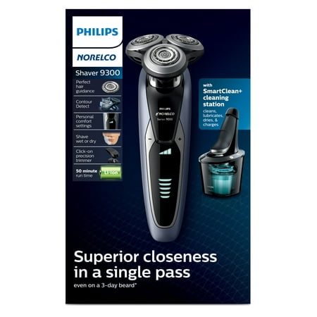 Philips Norelco 9300 Rechargeable Wet & Dry Electric Shaver with Smartclean, Travel Case, Click-On Precision Trimmer, S9311/84