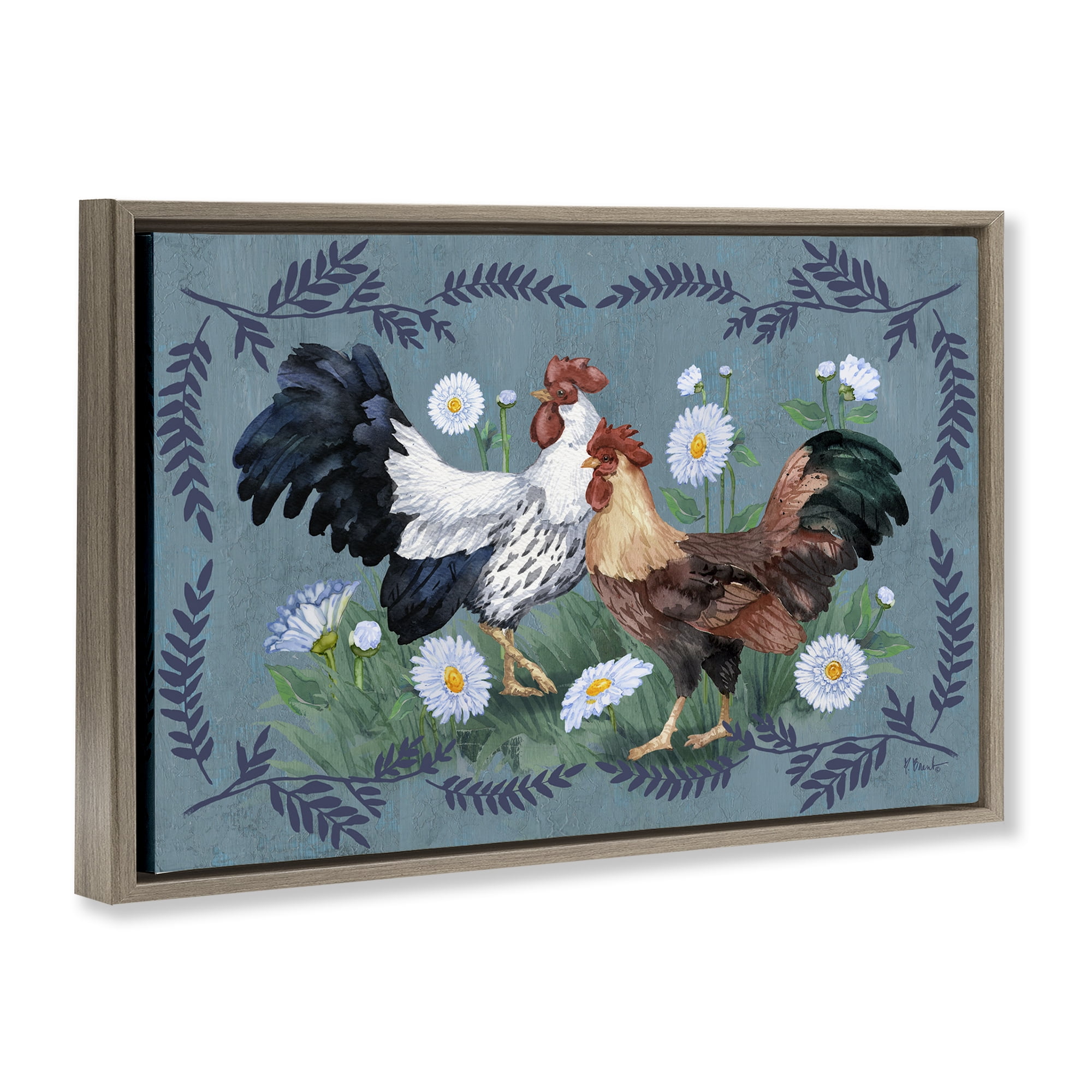 Stupell Industries Roosters with Fern Trim Animals & Insects Painting Brown Floater Framed Canvas Art Print Wall Art, 25 x 17