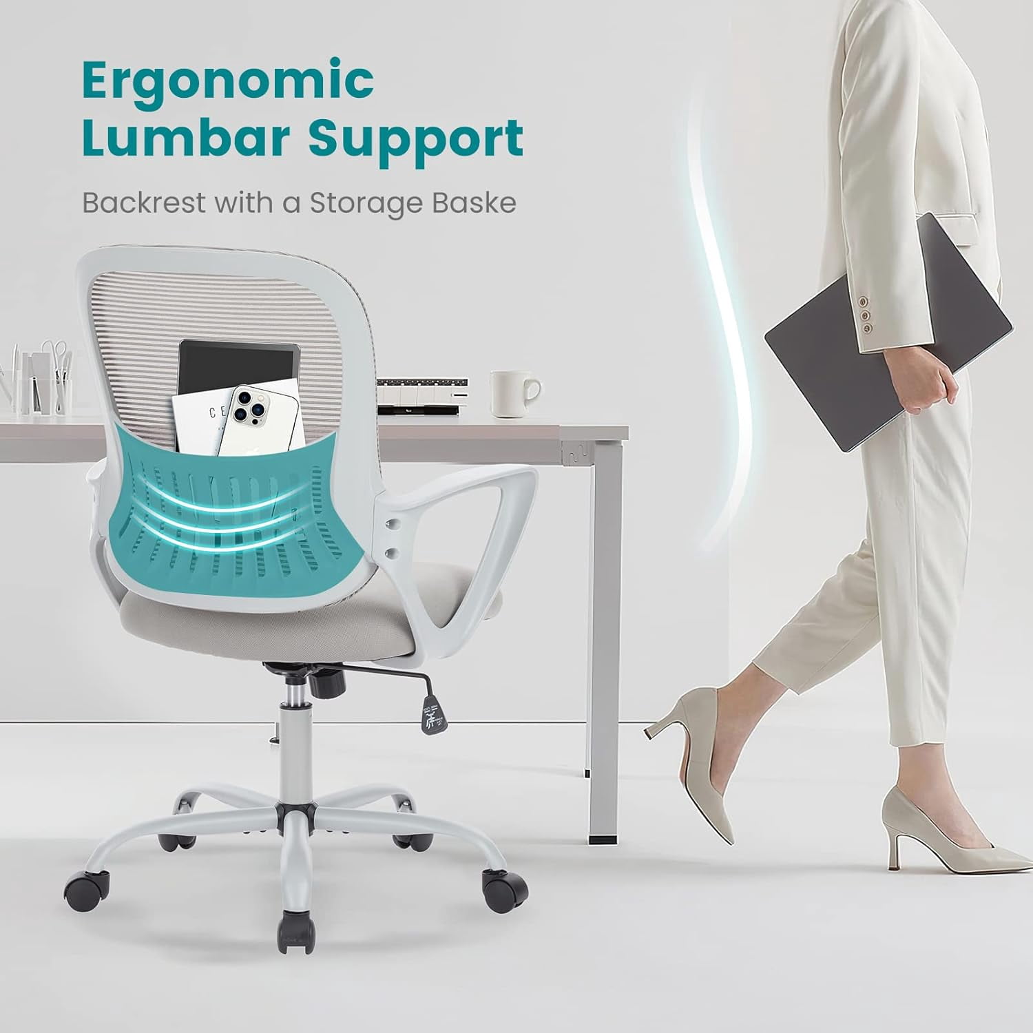 JONPONY Desk Chair,Office Chair with Ergonomic Lumbar Support, Mid-Back Mesh Swivel Rolling Work with Wheels for Home, Office, Bedroom,Gray
