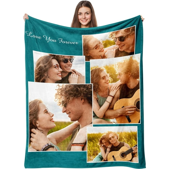 Custom Blanket with Photos Text, Personalized Photo Collage Flannel Throw Blanket Customized Gifts for Dad Mom Boyfriend Girlfriend Birthday Valentines Day Christmas Blankets