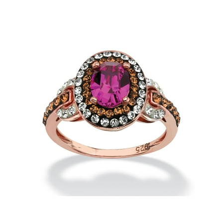 - Oval-Cut Fuschia Crystal Halo Ring MADE WITH SWAROVSKI ELEMENTS in Rose Gold over Sterling Silver