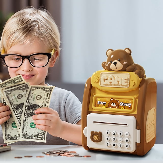 Qocolhg Serrure à Empreinte Digitale Mot de Passe Mignon Tirelire Simulation Multi-Fonction Serrure à Empreinte Digitale Intelligente Rouleau Automatique Pièce Économie d'Argent pour Enfants, Cadeaux de Noël Anniversaire pour Enfants
