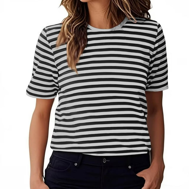 tarylea Hauts pour Femmes Manches Courtes Col Rond Rayé Chemises Bloc de Couleur Ample Hauts Décontractés Été Tendance Basiques Habillés
