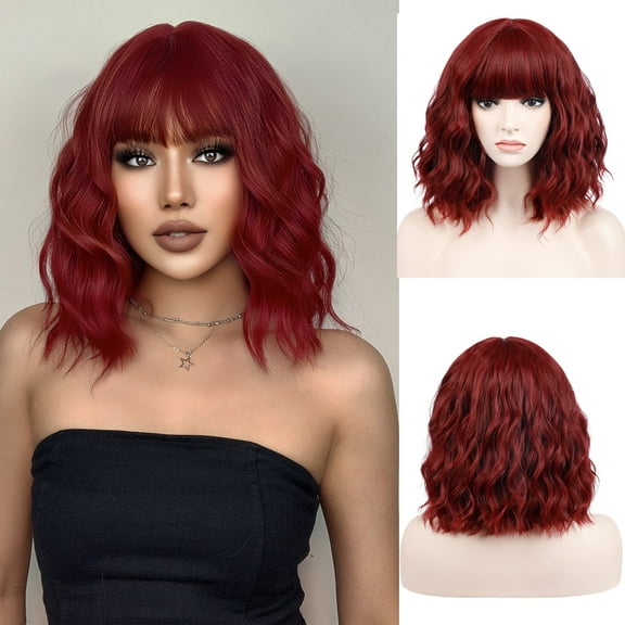 RightOn Red Wig Short Curly Wavy Wig Red Wig with Bangs Wine Red Wig for Women Girls Synthetic Wigs with Wig Cap